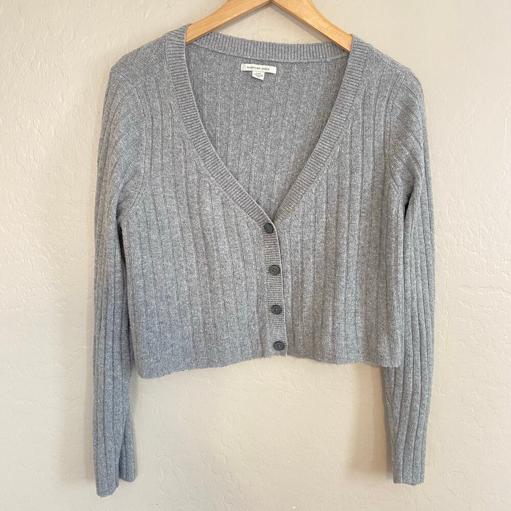 American Eagle Cropped Ribbed Cardigan Womens Size Large V-Neck Preppy Basic